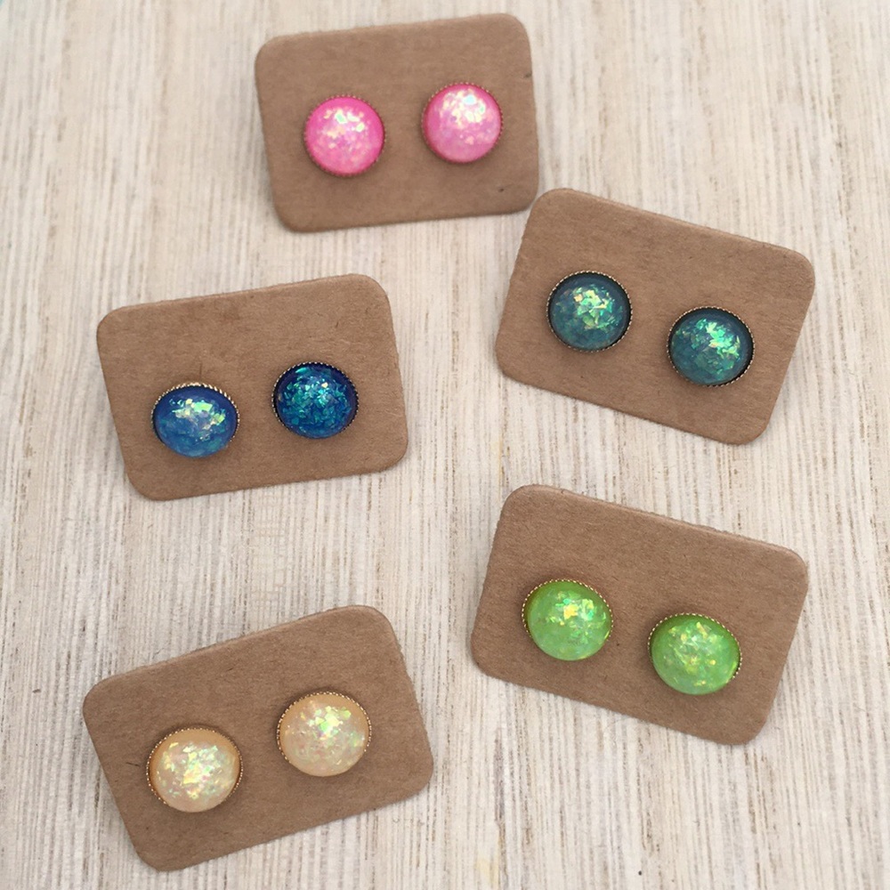 New Pair Artisan Created Multi-Colored Fiery Opal Bezel Set Button Post Earrings